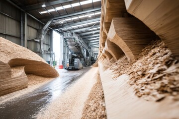 Poster - Industrial wood processing facility with stacked wood shavings and machinery in action