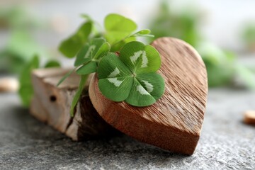 Poster - Heart-shaped wooden ornament with a four-leaf clover on a textured surface in natural light
