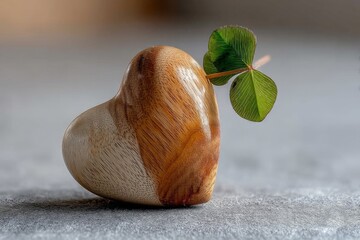 Poster - Heart-shaped wooden figurine with a four-leaf clover indoors on a smooth surface