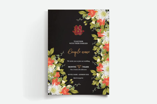 WEDDING INVITATION FRAME WITH FLOWER DECORATIONS AND FRESH LEAVES