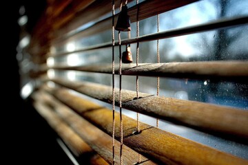 Poster - Natural light filters through wooden blinds creating a warm ambiance in a cozy indoor setting during morning hours