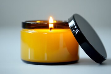 Aufkleber - Brightly burning candle in a glass jar with a black lid on a neutral background