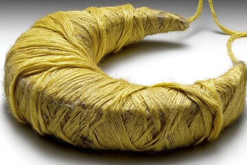 Poster - Bright yellow yarn coiled in a circular shape on a soft surface during a crafting session
