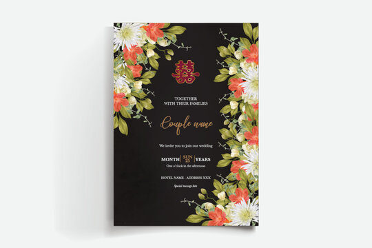 WEDDING INVITATION FRAME WITH FLOWER DECORATIONS AND FRESH LEAVES