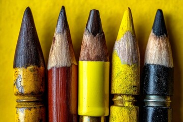 Poster - Vibrant colored pencils arranged in a row against a bright yellow backdrop during daylight hours