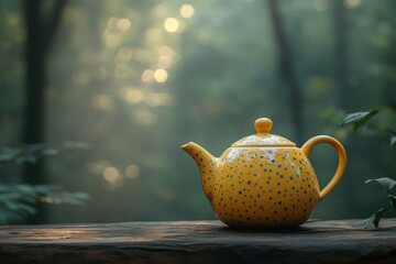 Poster - Yellow teapot on wooden table surrounded by misty forest at dawn with soft light filtering through trees