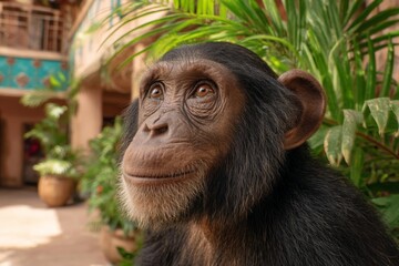 Poster - Close-up of a curious chimpanzee observing its surroundings in a tropical setting during daylight hours