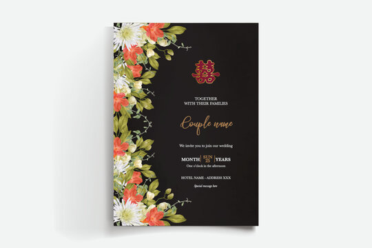 WEDDING INVITATION FRAME WITH FLOWER DECORATIONS AND FRESH LEAVES
