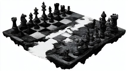 Poster - abstract grayscale chessboard image with textured surface, showcasing strategic game setup.