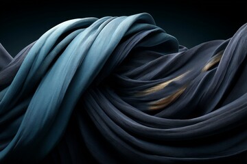 Poster - Elegant flowing fabric intertwining in shades of blue and black illustrating dynamic movement and texture