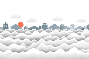 Aufkleber - Abstract landscape with rolling waves and sun setting behind mountain silhouettes in a minimalist design