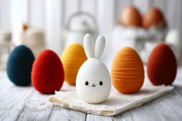 Poster - Colorful Easter eggs with a cute bunny decoration on a wooden table during spring season