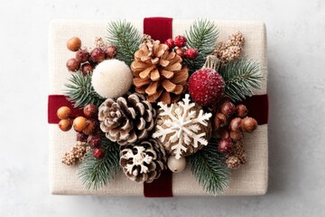 Poster - Beautifully wrapped holiday gift with natural decorations and festive elements displayed on a light background
