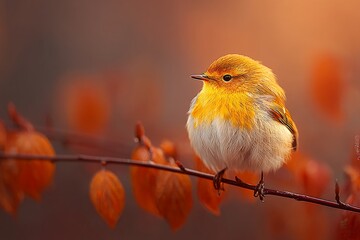 Poster - Colorful bird perched on a branch surrounded by autumn leaves in a forest during golden hour