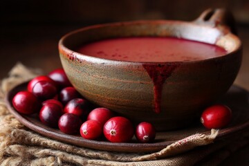 Poster - Cranberry soup served in a rustic bowl with fresh cranberries on a wooden table during autumn season