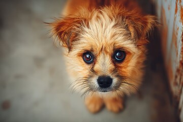 Wall Mural - cute small dog with expressive eyes looking up curiously in a cozy indoor setting surrounded by ambi