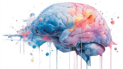 Poster - Abstract watercolor brain painting with blue, pink, and orange hues, dripping paint effect.