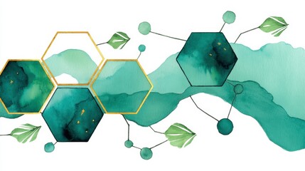 Poster - Abstract watercolor painting with green hexagons, gold outlines, and leaves. Organic shapes and flowing lines create a sense of natural balance.