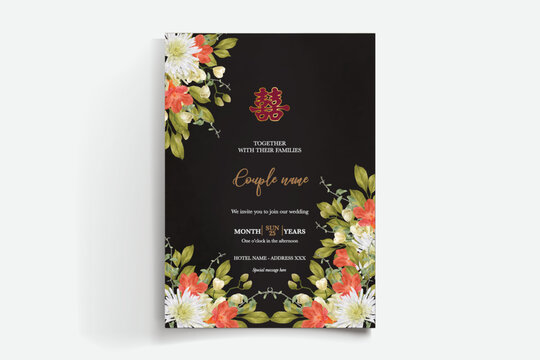 WEDDING INVITATION FRAME WITH FLOWER DECORATIONS AND FRESH LEAVES