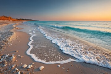 Aufkleber - Coastal sunset with gentle waves lapping on a serene sandy beach