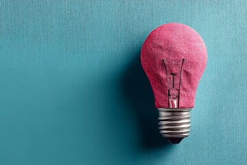 Poster - Bright pink light bulb stands against a textured blue background creating a striking visual contrast in this creative setup