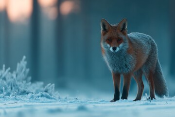 Poster - Red fox standing on frosty ground in a serene winter forest at dawn