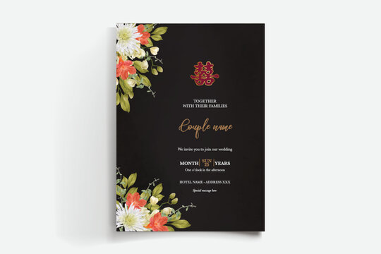 WEDDING INVITATION FRAME WITH FLOWER DECORATIONS AND FRESH LEAVES