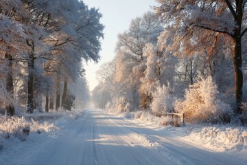 Poster - Serene snow-covered road lined with frosty trees during a chilly winter morning