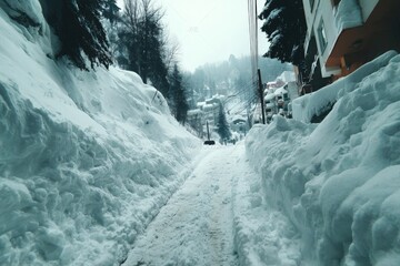 Poster - Snow-covered pathway in a quiet mountainous area during winter with distant houses visible in the background