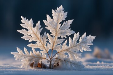 Poster - Frost-covered leaf stands out against a blurred winter background in a serene outdoor setting