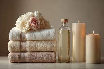 Aufkleber - Relaxation essentials arranged with towels, candles, and floral accents in a soothing setting for a spa-like experience