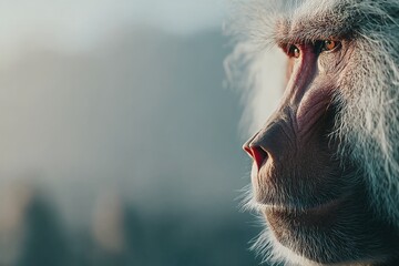 Poster - Baboons exhibit keen expression during golden hour at a serene location in the wild showcasing their majestic features and unique demeanor