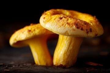 Poster - Bright yellow mushrooms with textured caps resting on a dark surface in natural light
