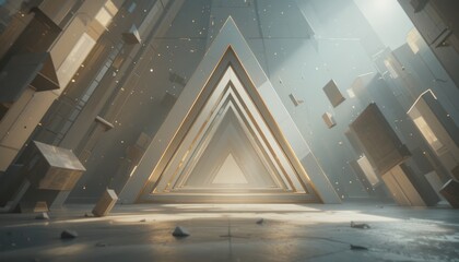 Poster - Dynamic triangular architecture futuristic gallery 3d render minimalist space aerial view abstract design concepts for virtual environments