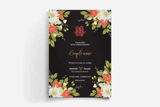 WEDDING INVITATION FRAME WITH FLOWER DECORATIONS AND FRESH LEAVES