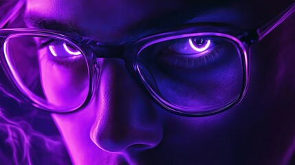 Poster - Closeup Mysterious Person Wearing Glasses Neon Purple Light Abstract Portrait Intense Gaze Digital Art Futuristic Style Modern Cyberpunk Aesthetic Intense Look Glowing Eyeshadow Dramatic Lighting Bold