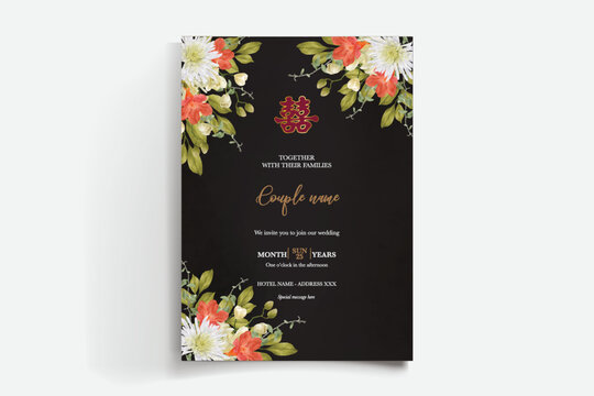 WEDDING INVITATION FRAME WITH FLOWER DECORATIONS AND FRESH LEAVES