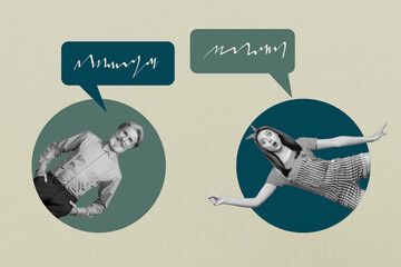 Poster - Collage trend of people speaking with mind clouds on khaki color background