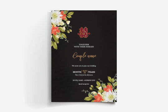 WEDDING INVITATION FRAME WITH FLOWER DECORATIONS AND FRESH LEAVES