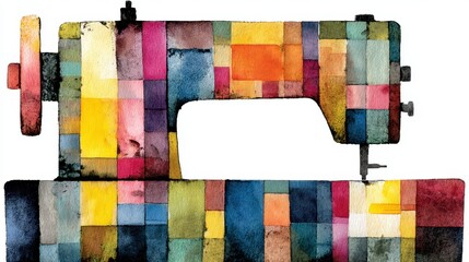 Poster - abstract illustration of a sewing machine composed of colorful, pixelated fabric swatches. the image