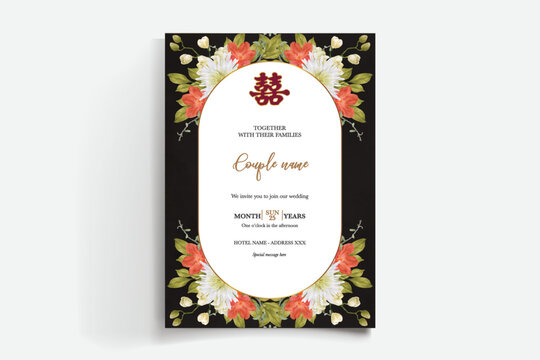 WEDDING INVITATION FRAME WITH FLOWER DECORATIONS AND FRESH LEAVES