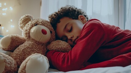 Poster - Nestled in a cozy atmosphere, the young boy wearing vibrant red pajamas sleeps soundly, embracing a fluffy teddy bear. The gentle glow from the window creates a serene nighttime vibe