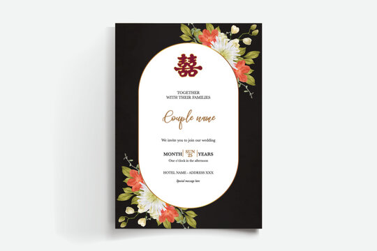 WEDDING INVITATION FRAME WITH FLOWER DECORATIONS AND FRESH LEAVES