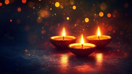 Poster - Three lit diyas on dark surface with bokeh lights.