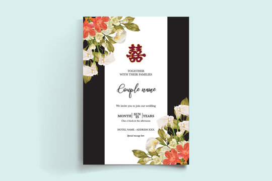 WEDDING INVITATION FRAME WITH FLOWER DECORATIONS AND FRESH LEAVES