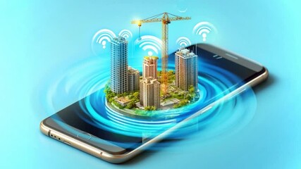 Poster - Miniature cityscape hologram on smartphone highlights innovative technology