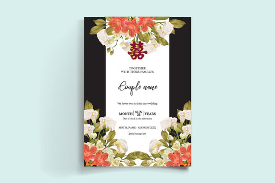 WEDDING INVITATION FRAME WITH FLOWER DECORATIONS AND FRESH LEAVES