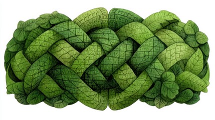 Poster - Intricate green leaf braid pattern, textured and detailed, on white background. Abstract nature design.