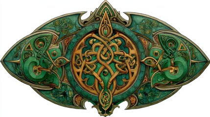 Poster - ornate green and gold celtic knotwork design on a white background. intricate details and patterns.