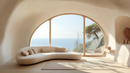 Poster - Bright home interior with an arched window framing a modern curved sofa, minimal furnishings and airy architectural design